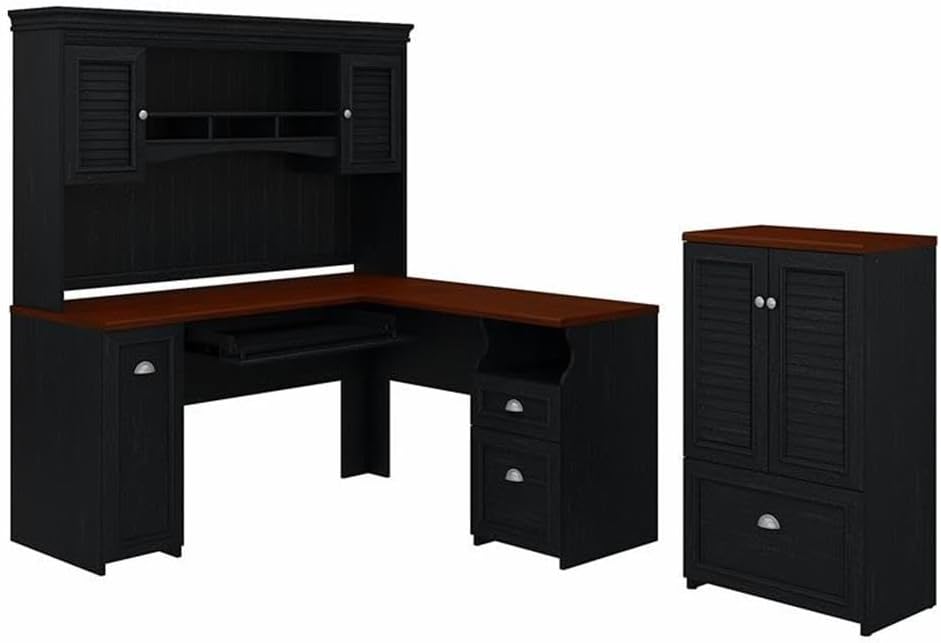 Pemberly Row Engineered Wood L Shaped Desk with Hutch and Storage Cabinet, Antique Black/Hansen Cherry Finish, 60W Corner Desk, Durable Home Office Furniture Set with File Storage