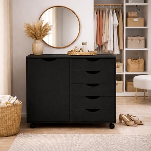 Image of Naomi Home Rolling Storage Cabinet with 5 Drawers & Side Cabinet, Engineered Wood Organizer with Shelves, Handle-Free Design & Swivel Casters for Home Office, Kids Room & Entryway - Distressed Black