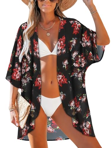 Women's Floral Print Puff Sleeve Kimono Cardigan Loose Cover Up Casual Blouse Tops(BLACK S)