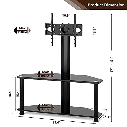 TAVR Glass Floor TV Stand with Swivel Mount and Height Adjustable for 32 37 42 47 50 55 inch Plasma Flat or Curved Screen TVs 2-Tier Tempered Glass Universal Media Storage Stand Black - Thumbnail 6