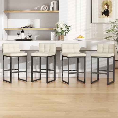 Image of Bar Stools Set of 4, Modern Counter Height Barstools, Beige | 24 inch Faux Leather Bar Chairs with Back, Footrest, Sturdy Thickened Metal Leg, Upholstered Counter Stools for Kitchen Island