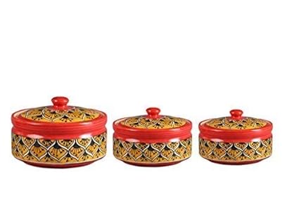 Caffeine Ceramic Handmade Orange Morocco Serving Donga with lid (Set of 3, 1 Large, 1 Medium, 1 Small)