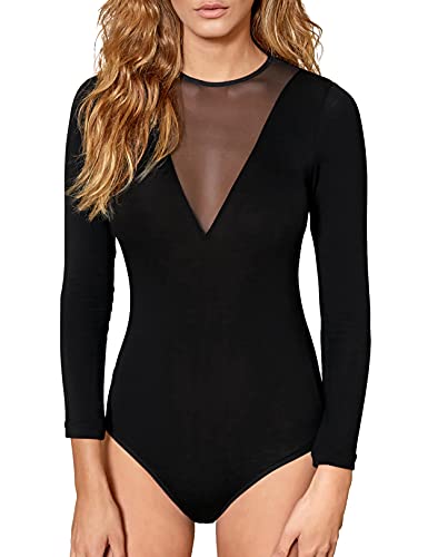 VEDATS Damen Body Langarm Rundhals Bodysuit mit transparentem Netzeinsatz (S)