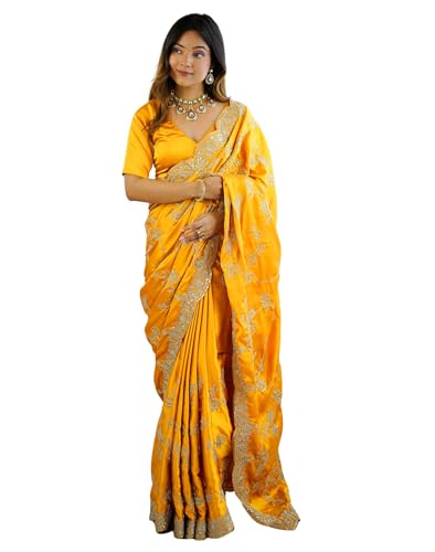 Image of Satrani Women's Satin Embroidery & Sequin Work Saree with Unstitched Blouse Piece