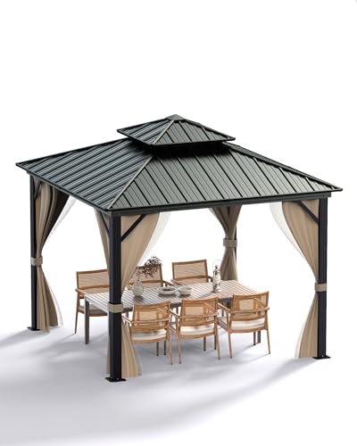 Hardtop Gazebo 12'x12' for All Weather, with Double Metal Roof, Aluminum Alloy Frame, Net, and Curtain, Permanent Building for Patio, Deck, Backyard, Lawn, and Garden, Khaki