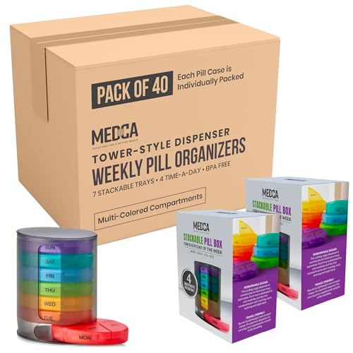 MEDca Weekly Pill Organizer, 1 Dispenser, 7 Stackable Multi-Color Compartments Four Times-a-Day - Morning, Noon, Evening, and Bedtime, Black, Case of 40