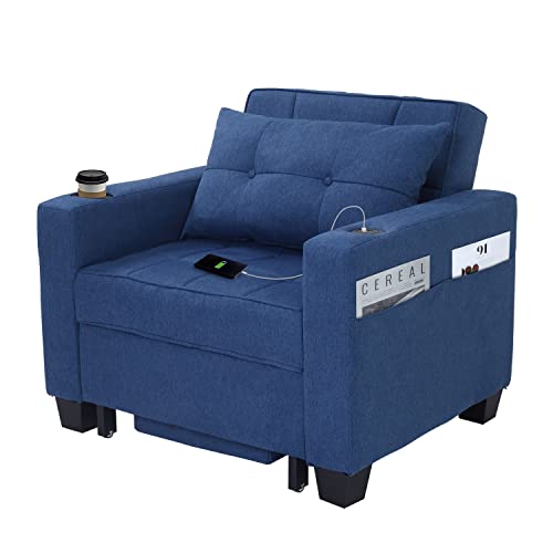Duraspace Futon Chair Bed Convertible Chair 3-In-1 Pull Out Sleeper Chair Beds With Usb Ports, Armchair Bed Sleeper For Living Room (Blue Linen) #TOP5
