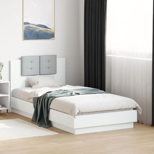 Festnight Marco de Cama 90 x 190 cm con Cabecero Tapizado Cama con Luces LED y Somier Soporte de Láminas de Madera Base De Cama, Estructura Cama Blanco