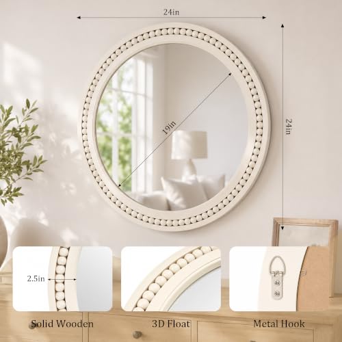 Image of Saliwa 24 Inch Round Bathroom Mirror, White Wood Framed Wall Mirror, Rustic Farmhouse Round Mirror for Vanity, Entryway, Living Room, Bedroom and Hallway
