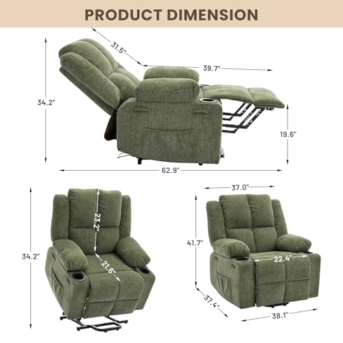 Image of Oversized Power Lift Recliner Chair for Elderly, 135 Lay Flat Electric Recliner with Massage & Heat, Stand Assist Lift Chair with 2 Cup Holders for Living Room,Green
