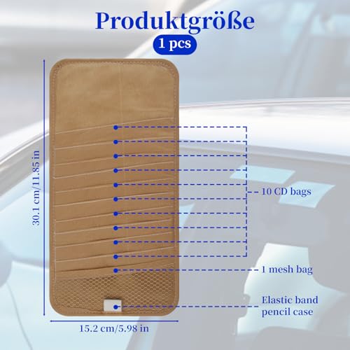 Aufbewahrungstasche für Auto-CD-Halter – Sonnenblenden-Organizer mit großer Kapazität für Auto, LKW, SUV, mit 10 DVD-Aufbewahrungshüllen, 1 Netztasche,1 Stifthalter und elastischem Gurt, Khaki