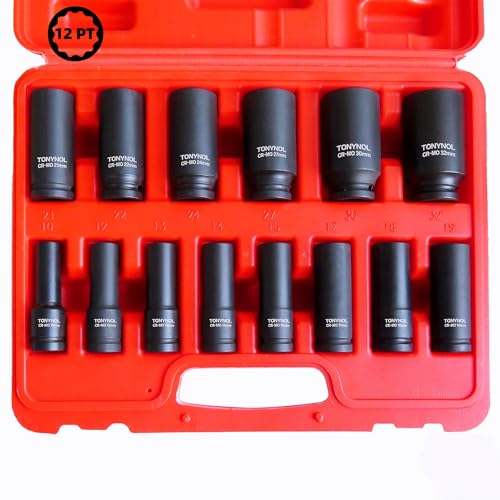 TONYNOL 1/2 Inch Deep Drive Impact Socket Set 12-Point Metric (10mm-32mm) 14 Pcs Cr-Mo Steel With a Storage Case