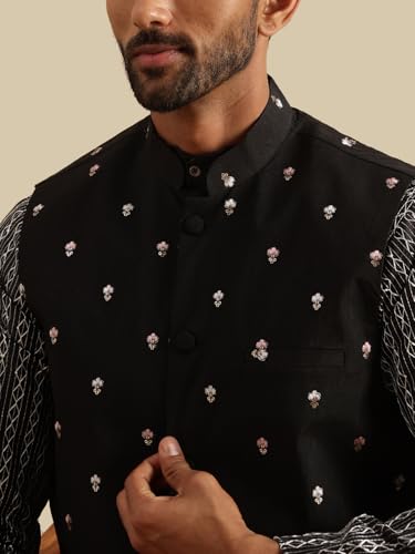 Image of SOJANYA Men's Silk Blend Black Kurta and White Pyjama With Daman Embroidered Black Nehru Jacket