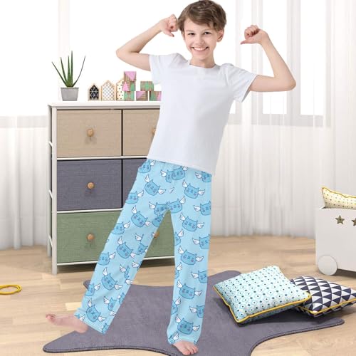 Boy's Pj Pants Kawaii Blue Cat Angel Wings Lounge Bottoms Elastic Waist Kids Joggers with Pockets Size 6-144