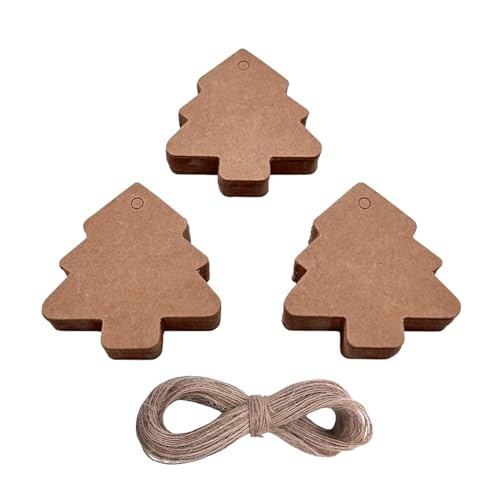 100 pcs Christmas Tree Kraft Paper Hanging Ornament Gift Tag, Parcel and Luggage Label String Pendant Decal, Brown