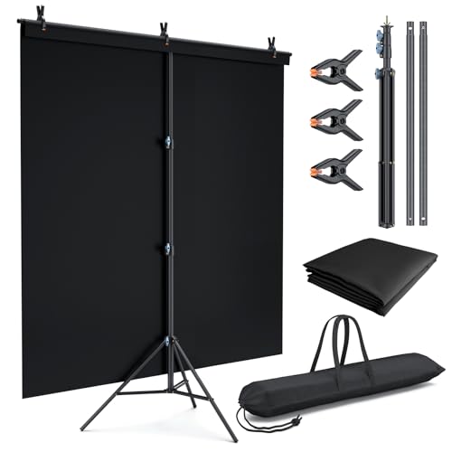 LINCO Lincostore 5x6.7ft Backdrop Stand Portable Black Photo Backdrop Background with T-Shape Stand Carry Bag Spring Clamp for Photography Party Decoration Streaming Studio (Black Backdrop)