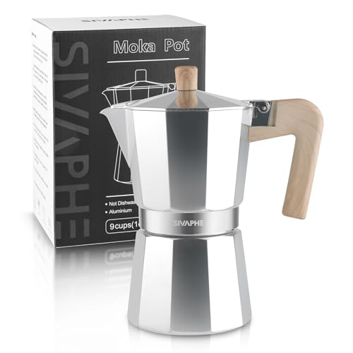 Sivaphe Stovetop Coffee Maker 450ml/9 Cups, Aluminium Moka Pot Italian Espresso Maker with Heat-Resistant Handle, Silver