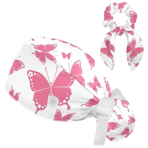 Image of Colored Butterflies Scrub Caps Women, Adjustable Working Cap with Button, Surgical Caps with Bow Hair Scrunchy
