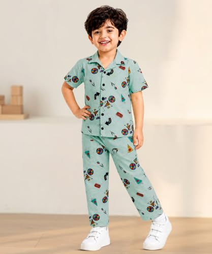 Image of 3BROS Unisex Pure Cotton Short Sleeve Kids Night Dress for Boys & Girls Nightwear /Sleepsuit /Sleepwear /Loungewear Night Suit for Boys and Girls Top and Pyjama Combo Set