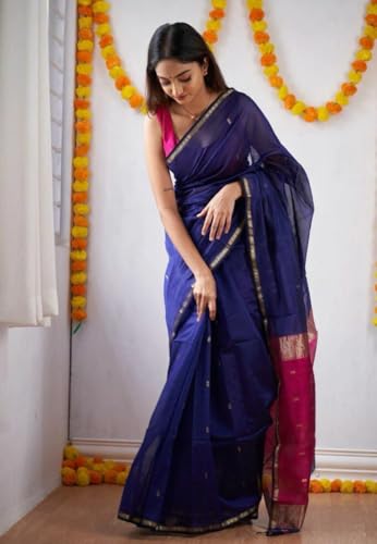 Image of Women's Cotton Woven Soft Sarees With Attach Blouse Piece.