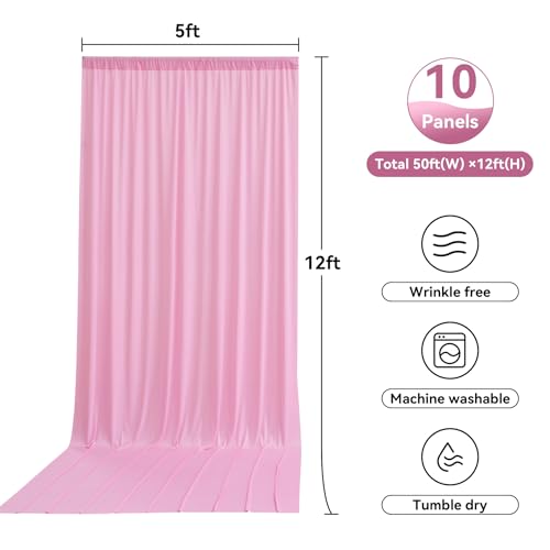 Image of 50ftx12ft Pink Backdrop Curtains for Parties, Wrinkle Free Polyester Pink Photo Backdrop Drapes 10 Panels 12 ft Long Back Drop Cloth for Wedding Birthday Photography Background Party