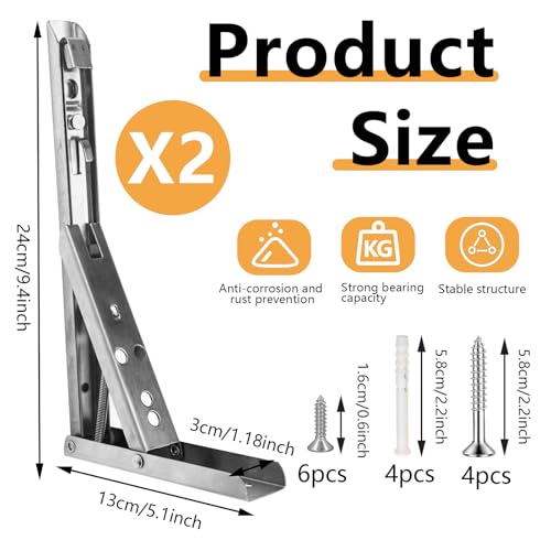 Fatiya 2 Pack Stainless Steel Folding Shelf Brackets, 10 Inch Folding Table Brackets Heavy Duty - Image 2