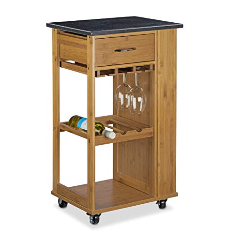 Relaxdays Carrello da Cucina Alfred con Portabicchieri e Cantina, Arredo Multiuso con Ruote e Cantinetta, bambù Naturale