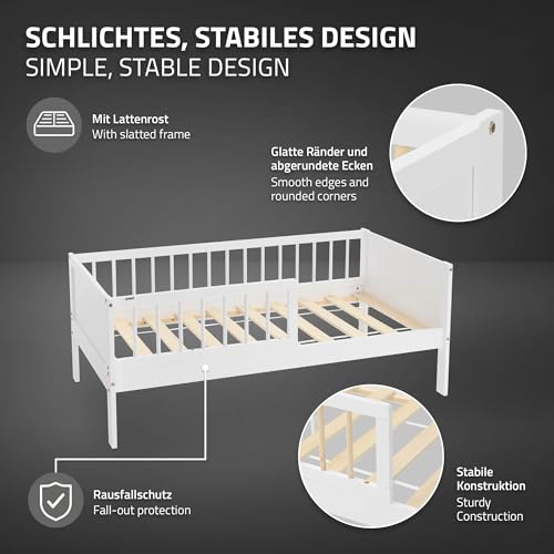 Miniatura 4 de Ml-Design Cama Infantil Individual Blanco-Natural 70x140cm Madera De Pino Maciza Con Somier De Láminas Y Protección Anticaída Diseño Creativo Estructura Robusta Mueble De Dormitorio Para Niños Bebés