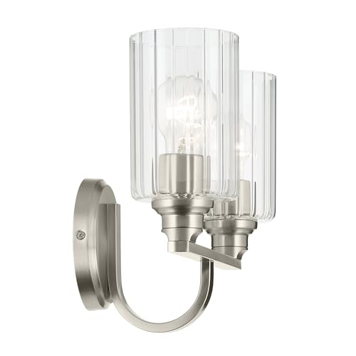 Image of Kichler Gioe 14.25 inch 2-Light Bathroom Vanity Light Fixture with Clear Fluted Glass in Brushed Nickel, Damp Rated for Bathroom Over Mirror (14.25 inch W x 10.5 inch H), 55225NIFLU