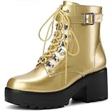 Perphy Round Toe Platform Chunky Heels Gold Combat Boots for Women 9 M US