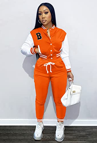 Fooullaide Womens 2 Piece Outfits Varsity Jacket Set Letter B Crop Tops Baseball Jacket Sweatsuit Jogging Sweatpants Tracksuits #TOP5
