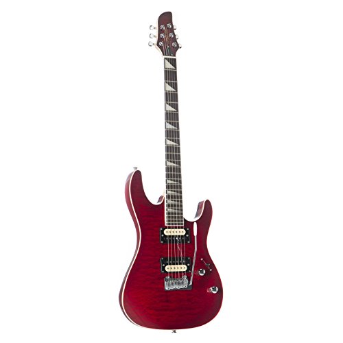 J & D 805Q Quilt Top TRB E-Gitarre, elektrische Gitarre mit Humbucker Tonabnehmer, Electric Guitar mit Linde Korpus in tranzparent rot, ST-Style