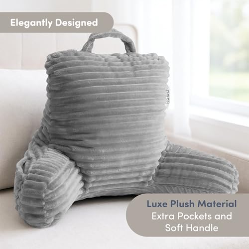 Image of Nestl Reading Pillow for Kids & Teens with Shredded Memory Foam, Luxe Cut Plush Backrest Pillows for Reading and Gaming, For use on Couch, Bed, Floor, Adjustable Support with Washable Cover Light Grey