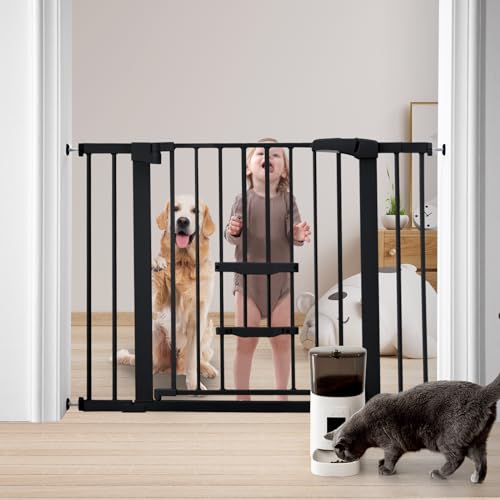 Image of FURTIME 29"-41" Baby Gate with Cat Door Adjustable, Auto Close Dog Gate for Stairs,Doorways and House, Metal Pet Door Pressure Mounted,Easy Install, Effortless Walk Thru, Black