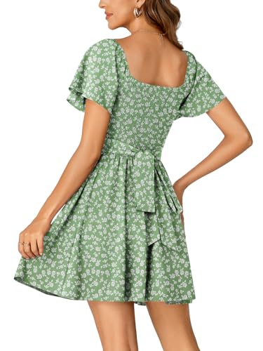 Image of Rooscier Women's Tie Back Square Neck Wrap Ruffle Short Sleeve Flare Mini Dress