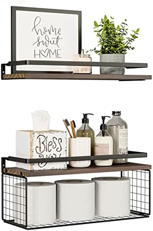 WXCGX Floating Shelves, Rustic Floating Shelves Wood Over Toilet with Paper Storage Basket, Farmhouse Wall Mounted Shelves Floating Shelf for Bathroom Bedroom Wall Decor Living Room Kitchen (2-Brown)