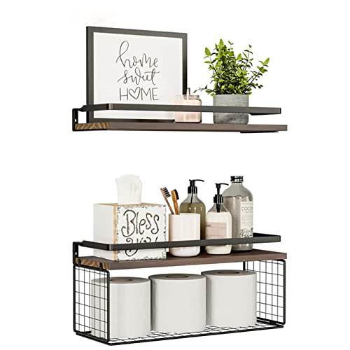 Wxcgx Floating Shelves, Rustic Floating Shelves Wood Over Toilet With Paper Storage Basket, Farmhouse Wall Mounted Shelves Floating Shelf For Bathroom Bedroom Wall Decor Living Room Kitchen (2-Brown) #TOP26