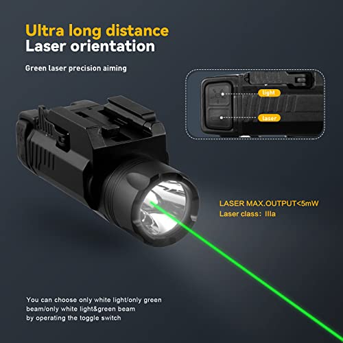 GOPLANT 1000 Lumens Gun Light White LED Lights Green Laser Combo, Pistol Light LED Strobe Compact Tactical Weapon Light ,100 Meters Beam Distance with Battery and Key kit, Black, Box Packaged