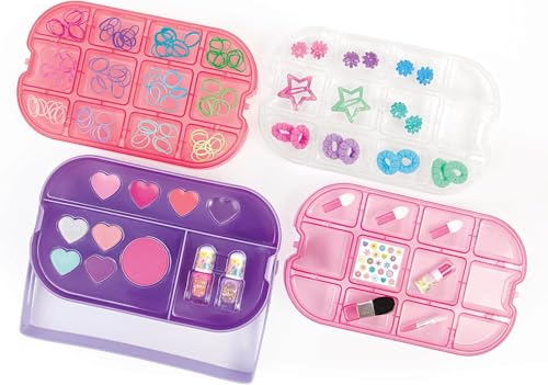 Make It Real: Beauty 2-Go! Cosmetic Set - 136pcs, Glam for Eyes-Hair-Nails, Tray Compartments, Pink & Purple Storage Carry Case, Girls & Kids Ages 8+