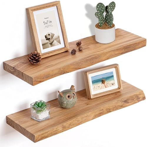 Fun Memories 24Inch Floating Shelves Set of 2, Rustic Solid Elm Wood Live Edge Floating Shelves, Invisible Bracket Mount for Living Room, Kitchen, Bathroom – Natural Fun Memories 24Inch Floating Shelves Set of 2, Rustic Solid Elm Wood Live Edge Floating Shelves, Invisible Bracket Mount for Living Room, Kitchen, Bathroom – Natural