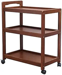 ODEJIA Furniture 3-Tier Solid Wood Rolling Bar Cart ? Teak Finish Wine Serving Trolley with Wheels, Utility & Kitchen Storage