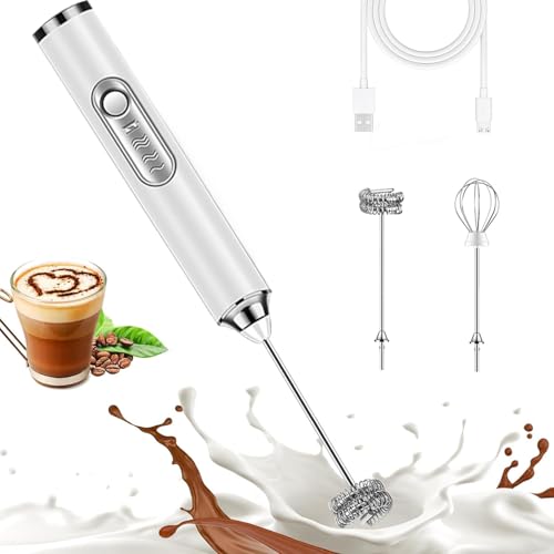 Milk Frother Rechargeable Handheld Electric Whisk Coffee Frother Mixer with 2 Stainless whisks 3 Speed Adjustable Foam Maker Blender for Coffee Matcha Latte Cappuccino Protein Powder (White)