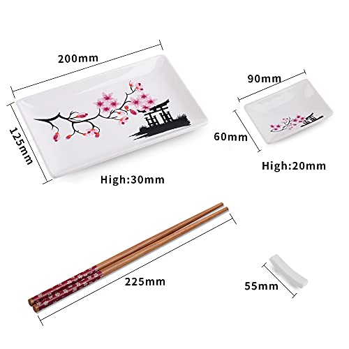 Lkyboa Japanese Style Flower Porcelain Sushi Plate Set With 2Xsushi Plates,Dip Dishes,Stick Stand,Bamboo Chopsticks Gift Box #TOP1