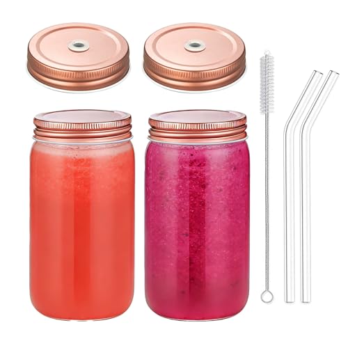 ZHUNZOOEN Glass Juicing Bottles with Straws & Lids-16 OZ,2 Pack Travel Drinking Jars, Water Cups with Airtight Lids, Reusable Tall Mason Jar for Juice, Smoothie,Bubble Tea, Kombucha