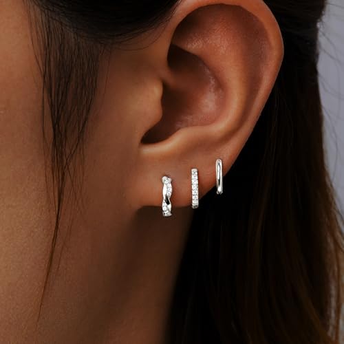 Inerney Gold Huggie Hoop Earrings Set for Women, Dainty Small Sterling Silver Earring Stacks Hypoallergenic Jewelry for Multiple Piercings, Trendy Twisted Cute Cartilage Hoops Birthstone Gift 3 Pairs2