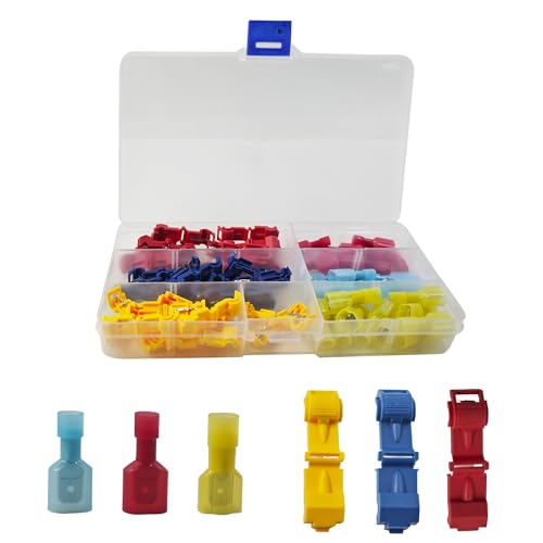 bskkw 60Pcs T-Tap Wire Connectors, Quick Splice Self-Stripping Electrical Terminals with Nylon Insulated Male Spade Disconnects, AWG 22-10 Wire Connector Kit for Automotive Marine Industrial Wiring