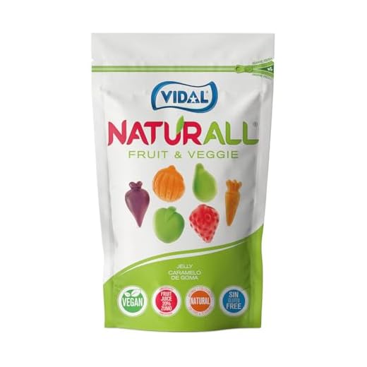 Vidal Golosinas Naturall Fruit & Veggie. Caramelo de goma vegano sin colorantes y aromas naturales. Sabores de frutas y verduras. Doypack 180 gr.