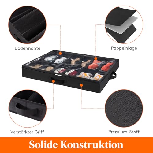 Lifewit Unterbett-Schuh-Organizer, 2er-Pack (12 Paar + 4 Paar), 10,9 cm hohe Stoff-Schuhbehälter, faltbare Schrank-Schuhtasche mit 2 verstärkten Griffen und transparenter Abdeckung, Schwarz