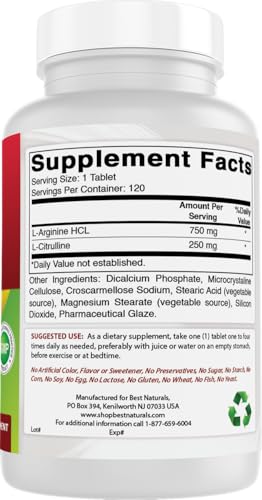Best Naturals L-Arginine L-Citrulline Complex 1000 mg 120 Tablets