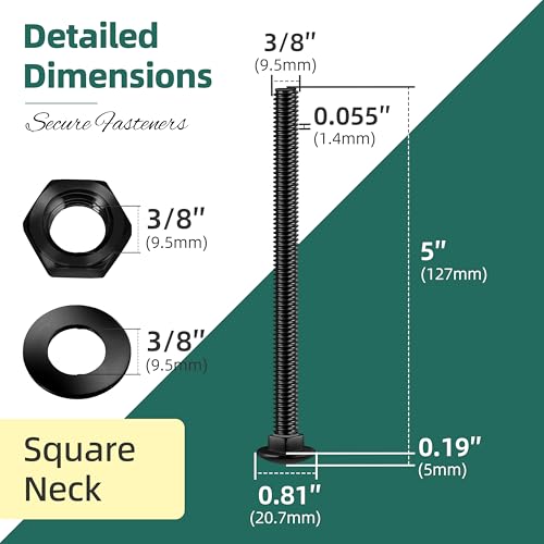 Image of (4 Sets) 3 /8-16 x 5 Carriage Bolts with Nuts and Washers, 304 Stainless Steel Round Head Square Neck 3 /8 Carriage Bolts Screws, Full Thread Black Oxided for Outdoor